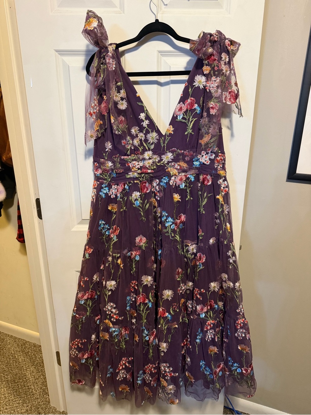 JessaKae Plum Floral Embroidered V-Neck Tie-Shoulder Midi Dress
